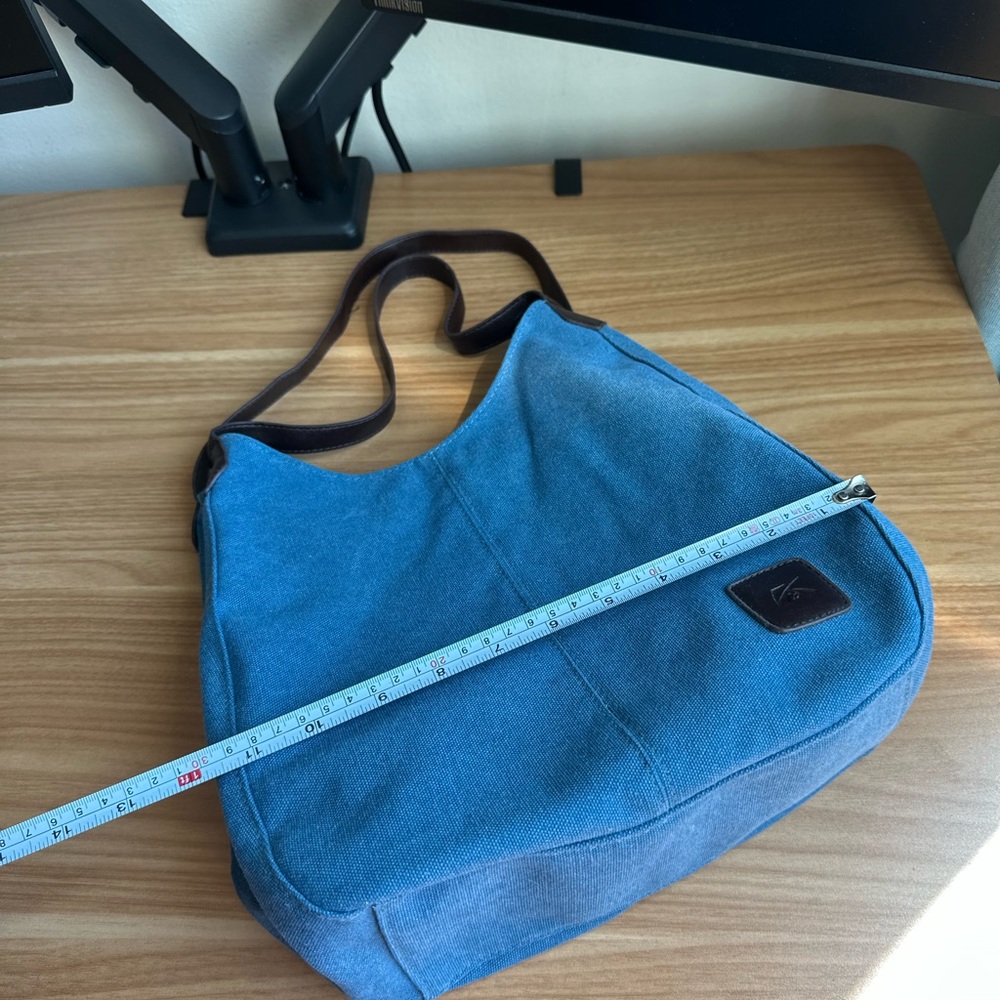 Blue Canvas Shoulder Bag with Brown Trim - Picture 10 of 10